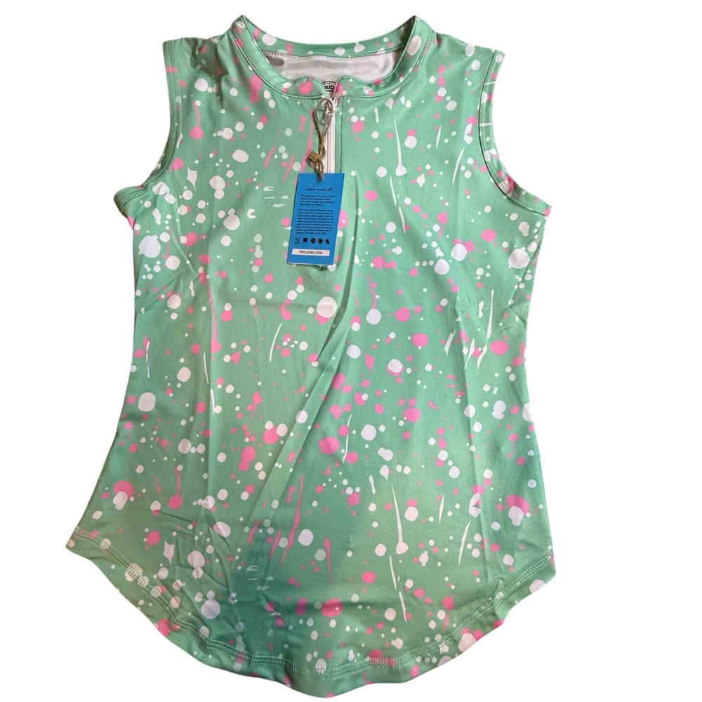Proud 90 Womens XS Sleeveless Golf Polo Top Mint Green Pink Splatter Quarter Zip